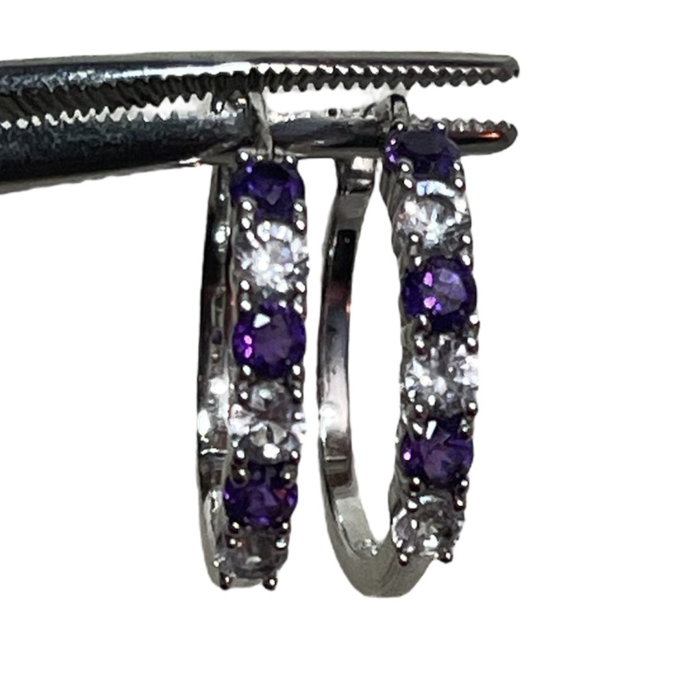 Signed 925 Prong Set Amethyst & White Sapphire Hoop Earrings